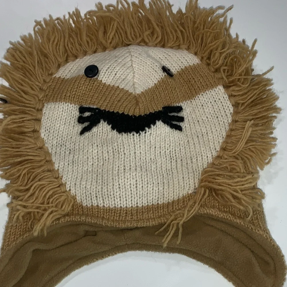 Lion Beanie Peace 100% Wool Large Warm Cozy Zoo Animal Theme Brown Khaky